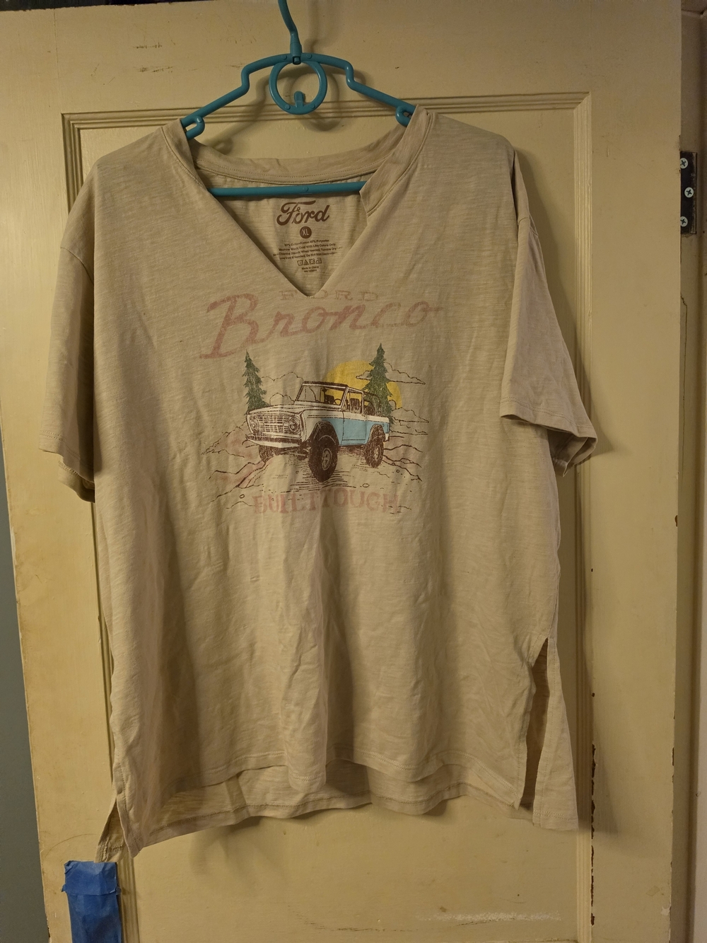 Ford Women's Cream Graphic Short Sleeve Tee with Blue & Yellow Bronco Art
